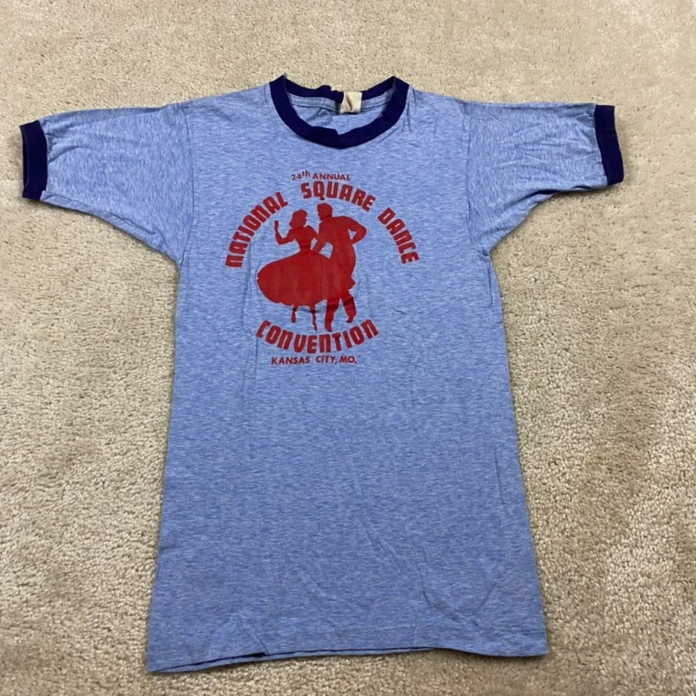 VTG 70s Ringer Shirt Mens S National Square Dance Convention Blue Retro Antique